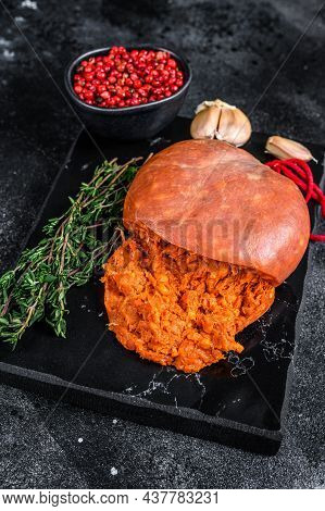 Balearic Sobrassada Cured Meat Sausage From Ground Pork, Paprika And . Black Background. Top View