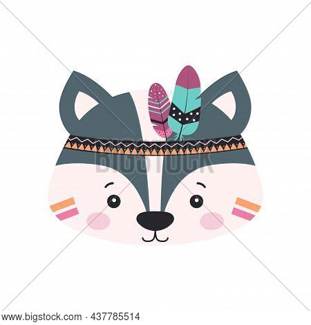 Cartoon Skunk Indian, Vector Illustration Of Cute Skunk In Headdress With Feathers, Vector Illustrat