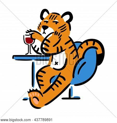 Tiger Sitting In Chair With Glass Of Wine. Chinese Zodiac Animal. Symbol Of The New Year 2022, 2034.