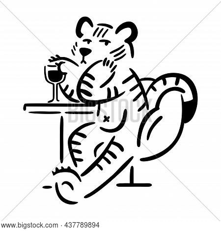 Tiger Sitting In Chair With Glass Of Wine. Chinese Zodiac Animal. Symbol Of The New Year 2022, 2034.