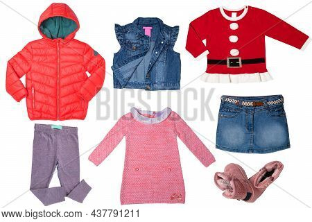 Collage Set Of Clothes For A Little Girl Isolated On A White Background. The Collection Of A Jeans V