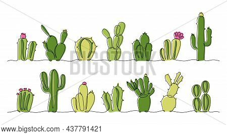 Continuous Line Succulent. One Line Collection Of Doodle Interior Decoration Exotic Plants In Pots, 