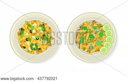 Pasta With Green Vegetables And Potherbs As Vegetarian Dish Above View Vector Set