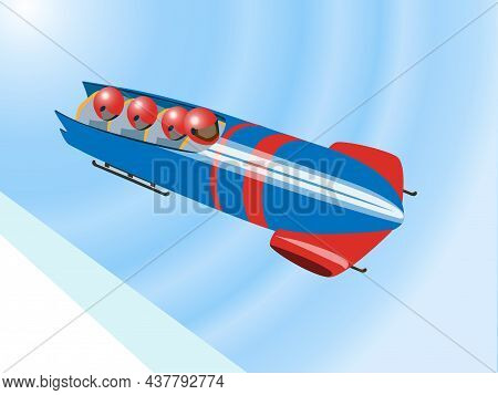 Four Sportsmen In Bob, Bobsled On Competition Or Training