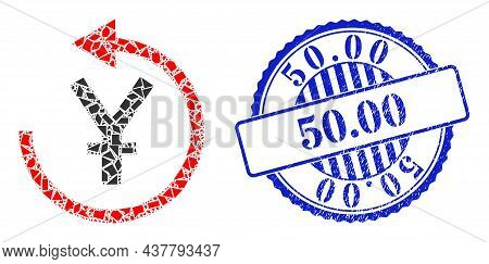 Debris Mosaic Yen Chargeback Icon, And Blue Round 50.00 Rough Stamp Print With Text Inside Round For