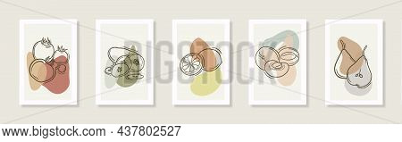 Vegetable, Fruit Modern Set Of Wall Vegan Posters. Line Art Drawing With Abstract Shape; Apricot, Le