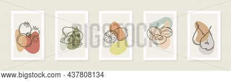Vegetable, Fruit Modern Set Of Wall Vegan Posters. Line Art Drawing With Abstract Shape; Apricot, Le