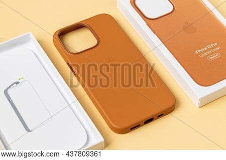 Antalya, Turkey - October 28, 2021: Newly Designed Golden Brown Magsafe Leather Case For Apple Iphon