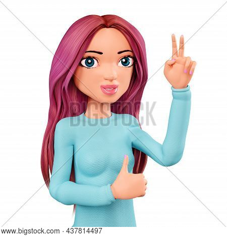 Funny 3d Character, Showing Thumb Up. Portrait Of A Cheerful 3d Woman, Isolated On A White Backgroun