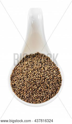 Perilla Herb Seeds In White Spoon Isolated On White Background, Save Clipping Path.