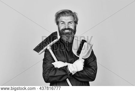 Cleaning Day. Cleaning Agency. Worker With Brush. Cleaning Equipment. Yardman Occupation. Garbage Re