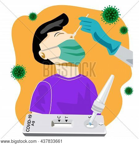 Illustration Of Swab Testing For Covid-19 On A Green Background, Doctor Nurse People Can Use For Exa