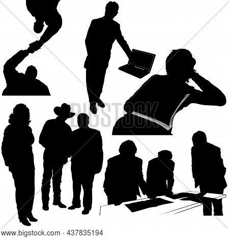 Set Of Business Silhouettes - Black Illustrations Isolated On White Background, Vector