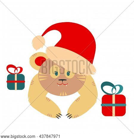 Illustration Of A Cartoon Tiger With Blue Eyes In A Christmas Hat With Gifts. New Year's Tiger. The 
