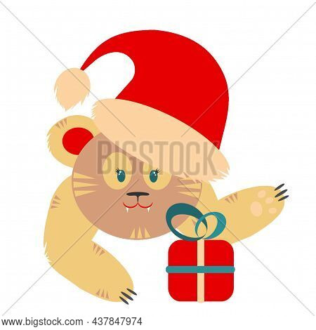 Cartoon Tiger In A New Year's Hat With His Paw Hugs A Gift With A Ribbon. Symbol 2022. New Year's Ti