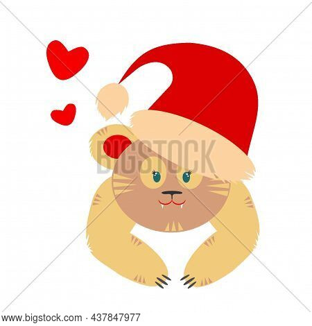 Enamored Tiger In A New Year's Hat. Symbol 2022. Tiger. New Year's Tiger. New Year. Heart And Tiger