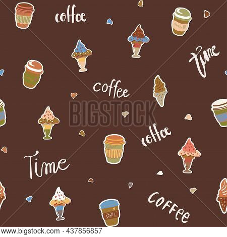 Seamless Vector Pattern In Boho Colors With Coffee Time Elements Such As Coffee Cups, Ice Cream, Let