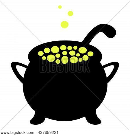 A Pot Of Boiling Potion. Silhouette. Bubbles Of Yellow Color Fly Upwards. Vector Illustration. Isola