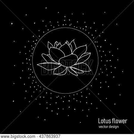 Lotus Flower In A Circle On A Black Background.drawing In Minimalistic Single Line Style