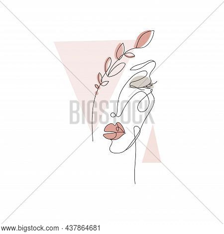 Surreal Female Face With Botany Elements And Geometric Objects On White Background.drawn In Continuo