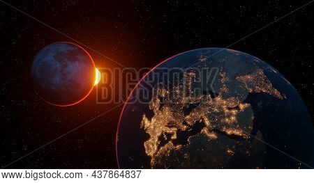 Cosmos Planet Earth The Cities Of Europe And Asia Are Glowing The Moon In The Background The Sun Ill