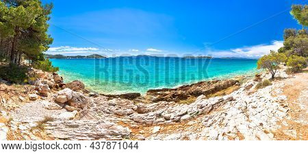 Idyllic Turquoise Rocky Beach Landscape Panoramic View In Zadar Riviera, Pakostane In Dalmatia Regio