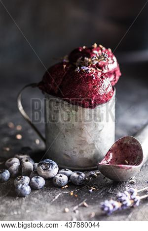 Icecream Made Of Frozen Banana And Blueberry. Vegan Gelato. Tasty Vegetarion Concept.ice Cream Scoop
