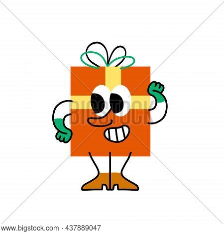 Christmas Character - Fun Gift With Face. Abstract Red Box With Arms And Legs. Trendy Modern Cartoon