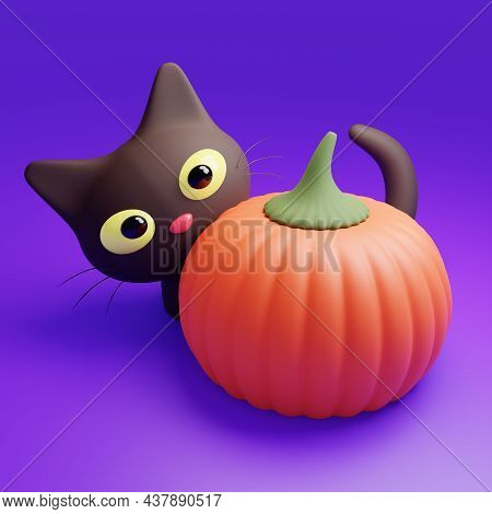 Black Cat With Orange Pumpkin On Purple Background Colorful Cartoon 3d Render Illustration. Cute Ani