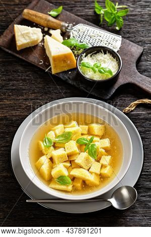 Zuppa Royale Alla Bolognese Con Brodo, Italian Soup Of Chicken Broth With Parmesan Egg Dumplings Spr