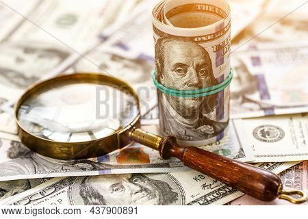 Money American Hundred Dollar Bills.closeup Of Assorted American Banknotes.us Currency Scattered On 