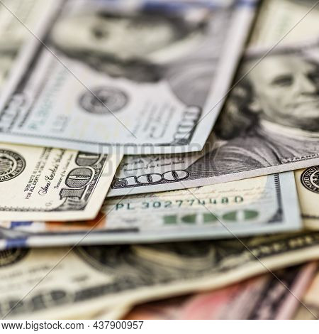 Money American Hundred Dollar Bills.closeup Of Assorted American Banknotes.us Currency Scattered On 