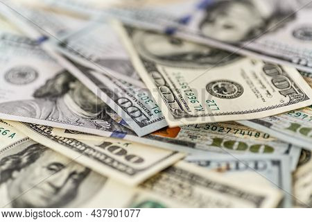 Money American Hundred Dollar Bills.closeup Of Assorted American Banknotes.us Currency Scattered On 
