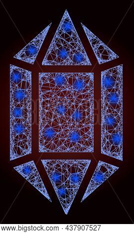 Bright Crossing Mesh Crystal With Glowing Spots On A Dark Red Gradient Background. Vector Carcass Ge