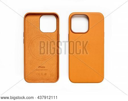 Antalya, Turkey - October 29, 2021: Front And Back View Of Newly Designed Golden Brown Magsafe Leath