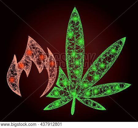 Flare Net Hot Cannabis With Glowing Spots On A Dark Red Gradiented Background. Vector Carcass Based 