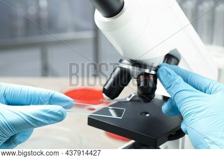 Scientist Examining Sample Of Red Liquid On Slide Under Microscope In Laboratory, Closeup