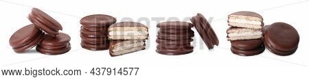 Set With Tasty Choco Pies On White Background. Banner Design