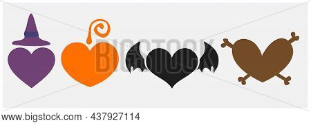 Collection Of Heart Illustrations Halloween Patterns Set. Color Icons Of Skull, Web, Bat, Pumpkins, 