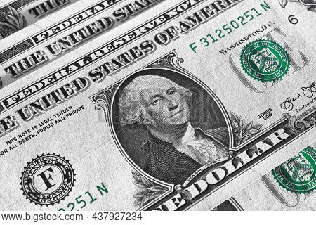 American Money Close Up. 1 Us Dollar Bills With Textured Paper Surface. Economy And Business Of The 