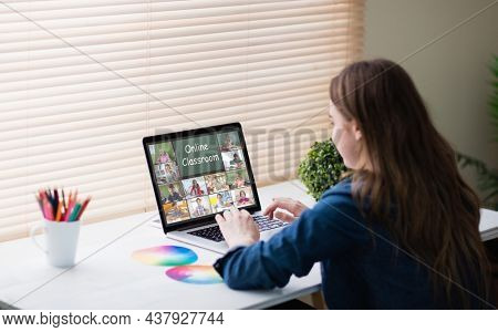 Caucasian woman using laptop for video call, with diverse elementary school pupils on screen. communication technology and online education, digital composite image.