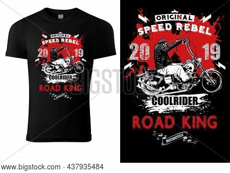 Black T-shirt Design With Motorcyclist And Inscriptions - Graphic Design For Printmaking T-shirt Or 