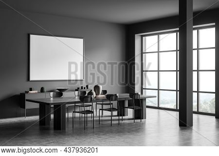 Corner Of Dark Grey Dining Room Interior With Horizontal Canvas, Sideboard, Dining Table, Indoor Col