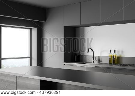 Corner View On Dark Kitchen Room Interior With Grey Wall, Bar Counter, Panoramic Window With Country