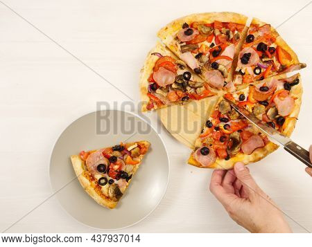 Pizza With Tomatoes, Sweet Peppers, Red Onions, Pesto Sauce, Olives And Cheese On A Transparent Back