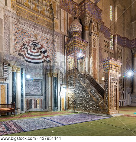 Cairo, Egypt- October 9 2021: Colorful Decorated Marble Wall With Engraved Mihrab - Niche - And Wood