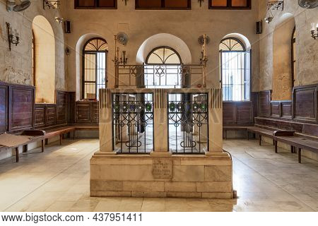 Cairo, Egypt- September 25 2021: Interior Of Historic Jewish Maimonides Synagogue Or Rav Moshe Synag
