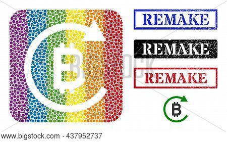Dot Mosaic Bitcoin Repay Stencil Pictogram For Lgbt, And Grunge Remake Seal Stamps. Rectangle Stamps