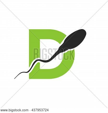 Sperm, Egg Cell Logo On Letter D Template. Sperm Bank Medical Logo. Sperm Logo Vector Icon
