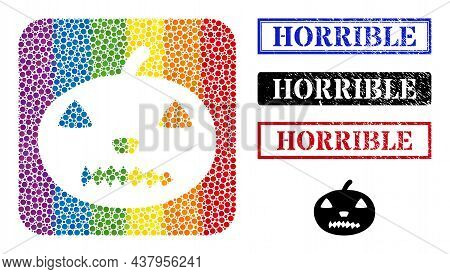 Dotted Mosaic Halloween Pumpkin Subtracted Pictogram For Lgbt, And Grunge Horrible Stamps. Rectangle